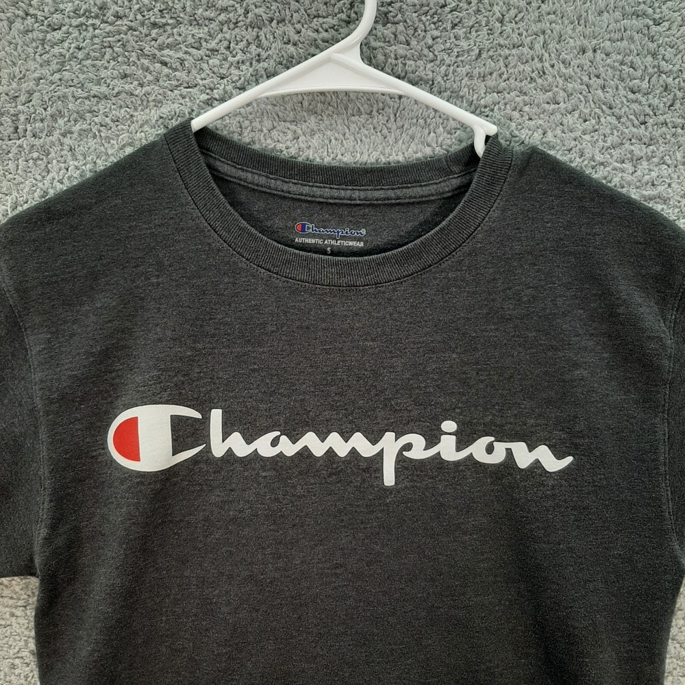 Champion Shirt Adult Small Gray Spell Out Logo Athleticwear Sports Casual Preppy - Picture 9 of 12